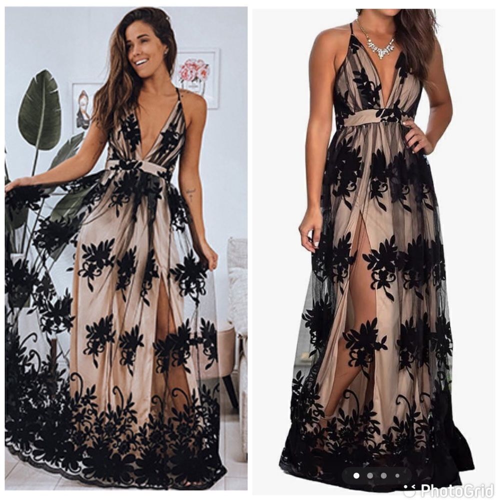 NWT Dokotoo Formal V Neck Floral Embroidery Lace Mesh Velvet Maxi Front Slit Dre